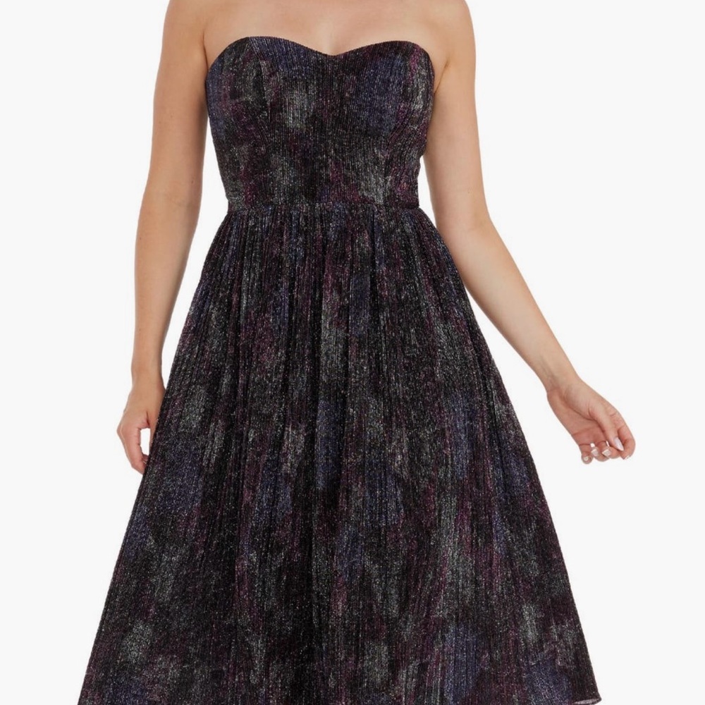 NWOT Dress the Population Strapless Black, Purple, and Metallic Midi Dress